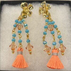 Turquoise and Peach Crystal Beaded Beaded Earrings-NWT